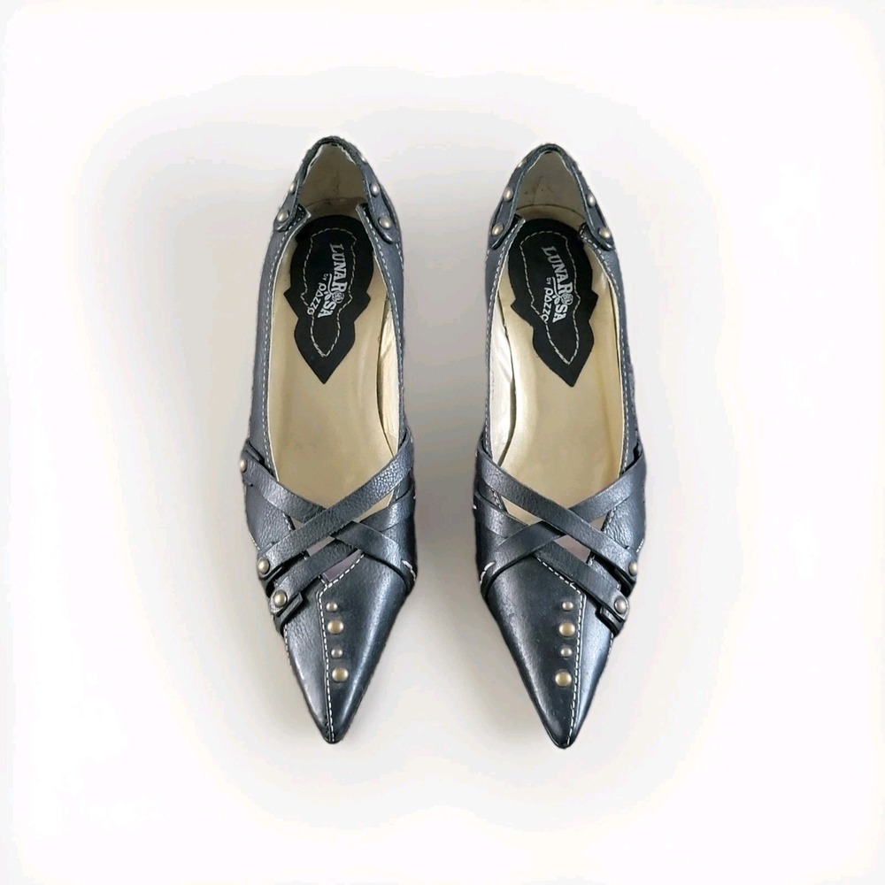 Luna Rosa Pazzo Black Leather Studded Pointed Toe Pump Kitten Heel - 6 M